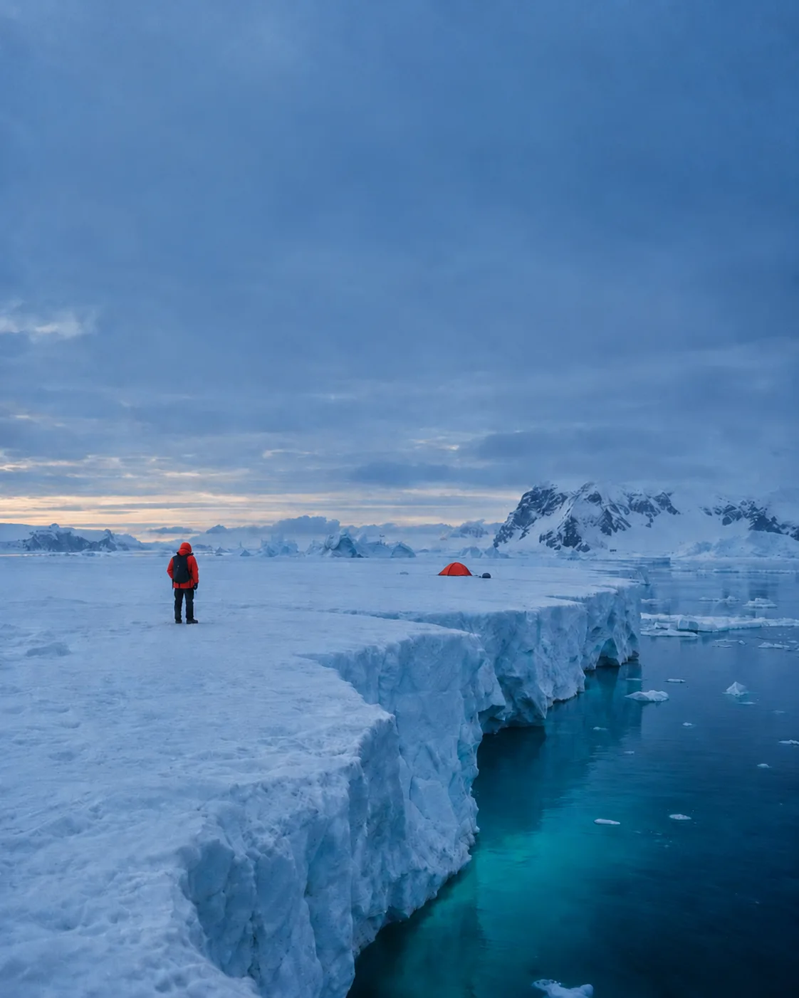 An explorer in a red jacket on an open ice shelf