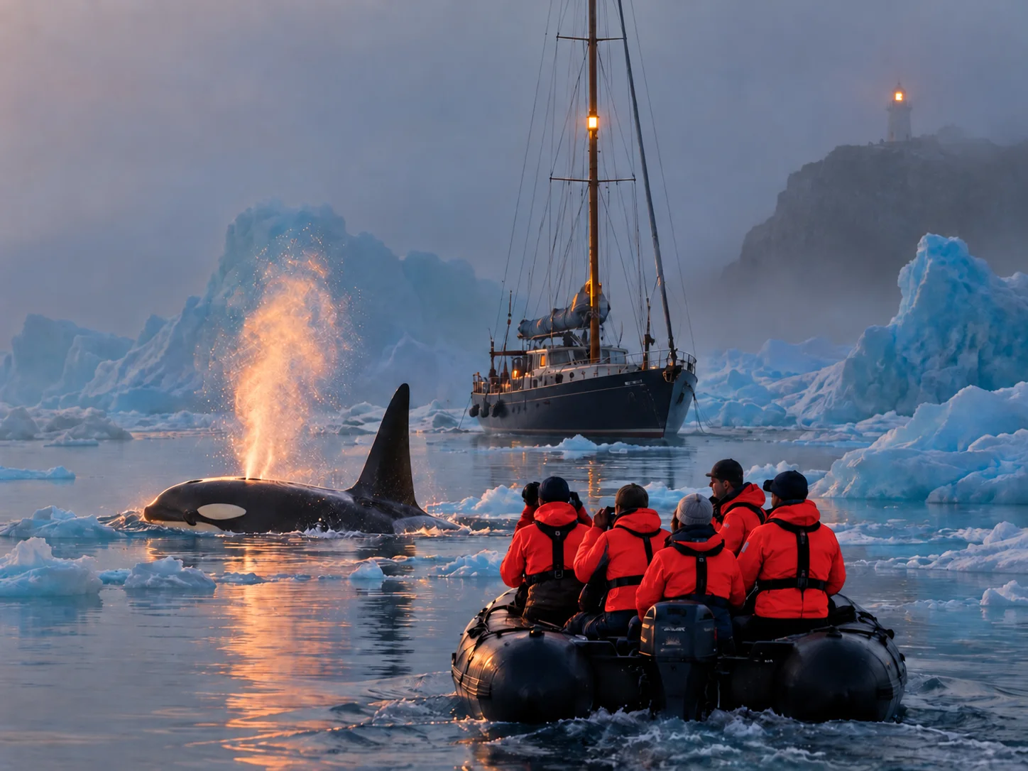 Explorers in red jackets sharing a boat expedition among icebergs