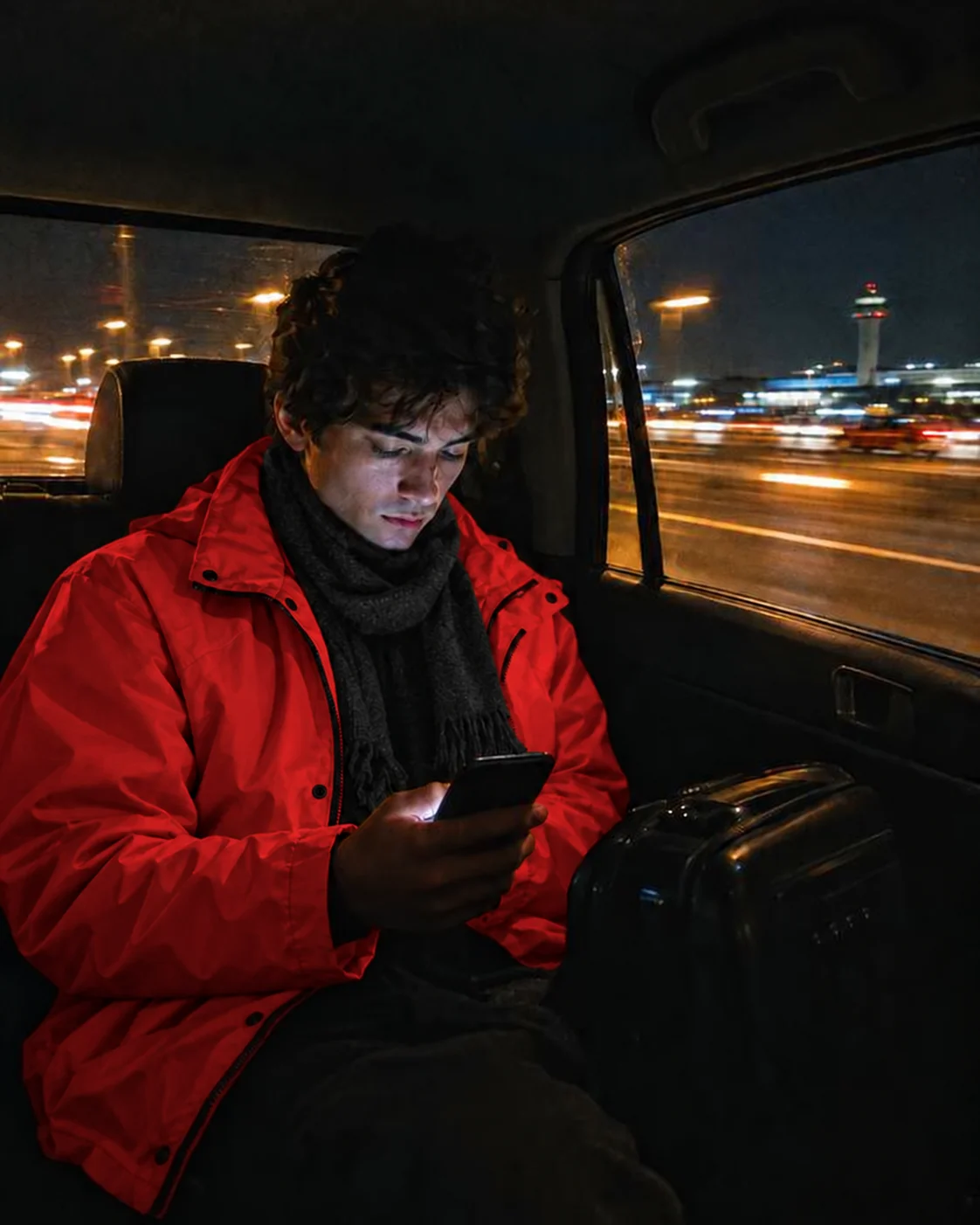 A person in a red jacket messaging their assistant during a taxi ride